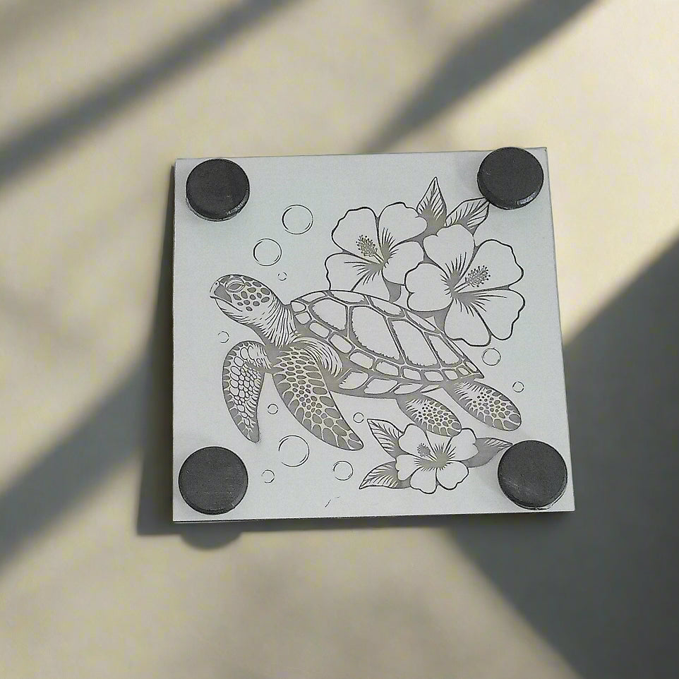 Sea Turtle & Hibiscus Botanical Art Printed Mirror Magnant