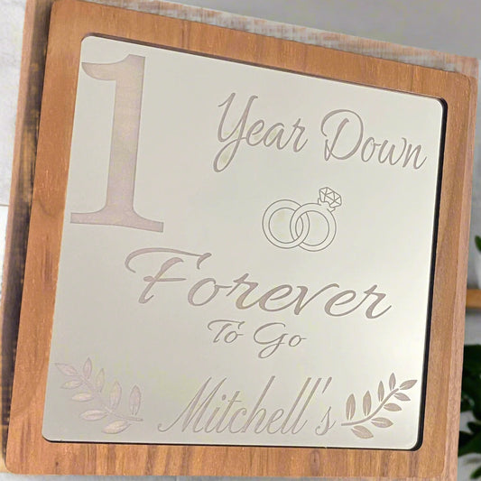 Personalized Walnut & Mirror Anniversary Plaque – “1 Year Down, Forever to Go”