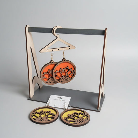 Sunflower Half Moon Earrings | Handcrafted Walnut Veneer