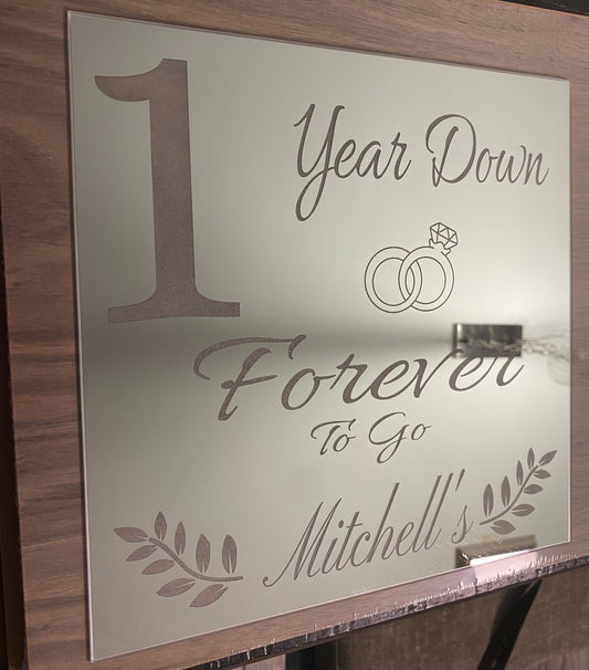 Personalized Walnut & Mirror Anniversary Plaque – “1 Year Down, Forever to Go”