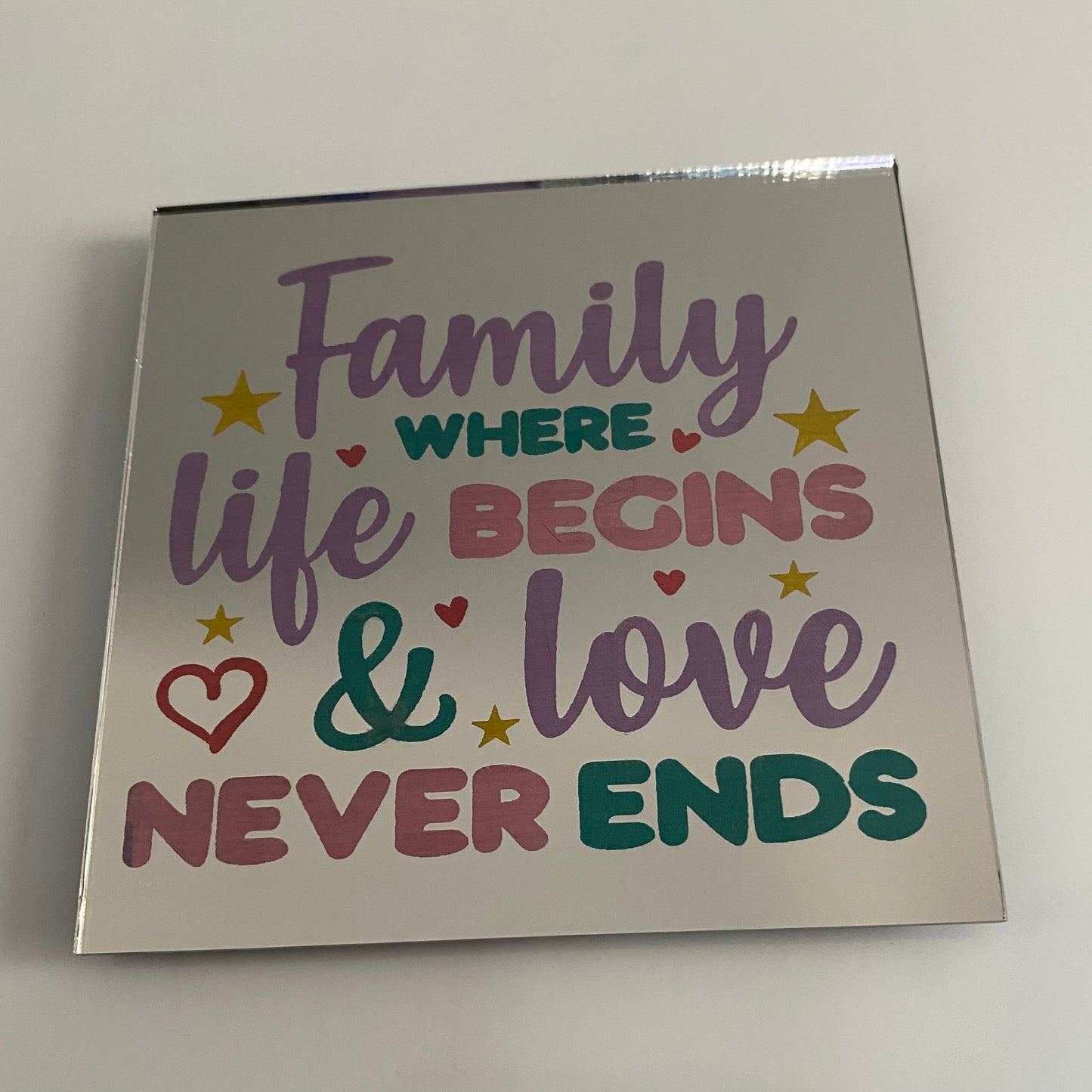 Colorful Family Quote Mirror Magnant Sign – Family Where Life Begins & Love Never Ends Magnant