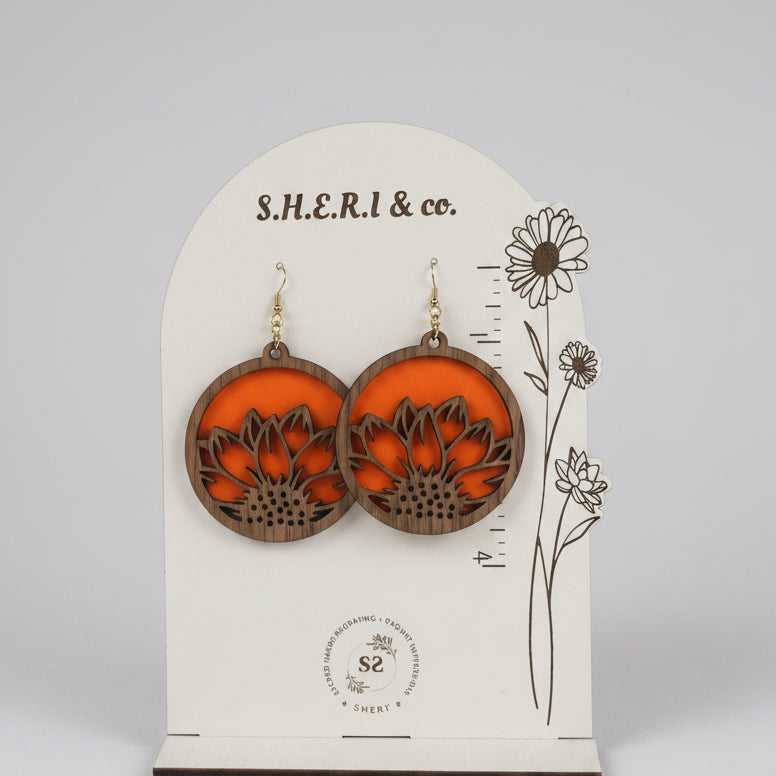 Sunflower Half Moon Earrings | Handcrafted Walnut Veneer