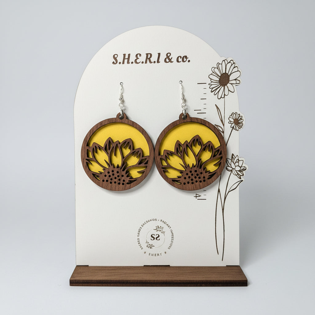 Sunflower Half Moon Earrings | Handcrafted Walnut Veneer