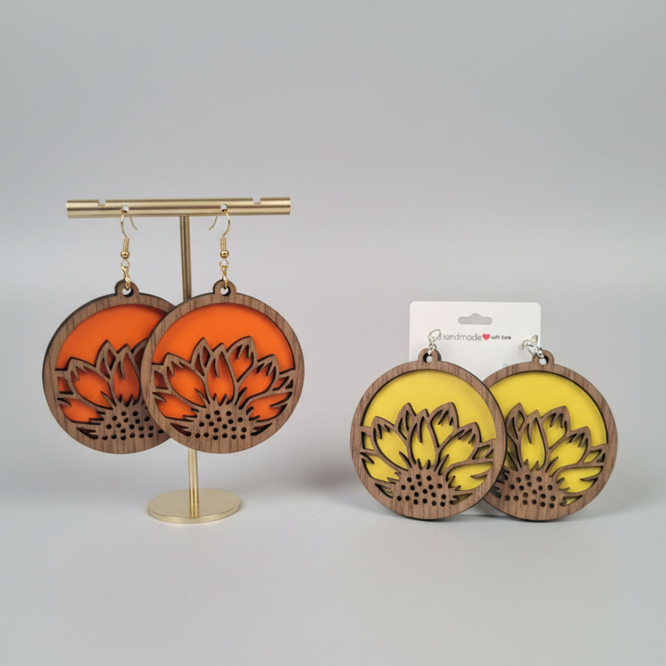 Sunflower Half Moon Earrings | Handcrafted Walnut Veneer