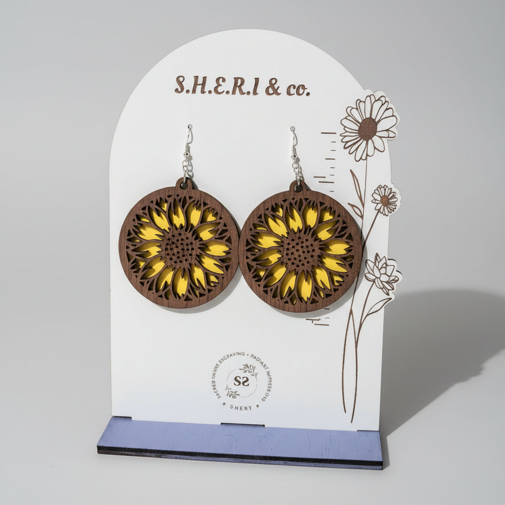 Sunflower Wood Earrings | Handcrafted Walnut Veneer