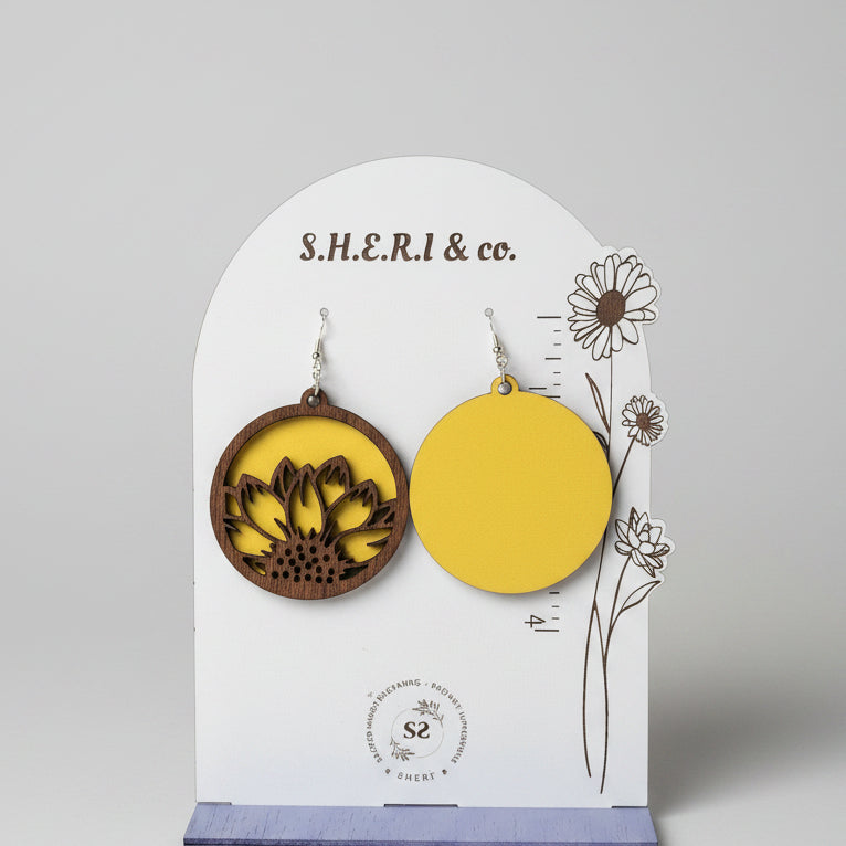 Sunflower Half Moon Earrings | Handcrafted Walnut Veneer