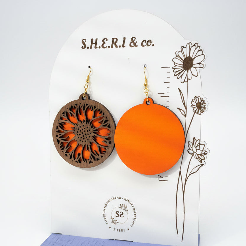 Sunflower Wood Earrings | Handcrafted Walnut Veneer