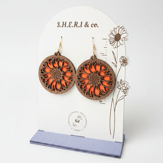 Sunflower Wood Earrings | Handcrafted Walnut Veneer